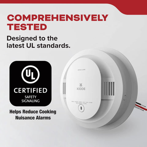 Rock Solid Hardwired Smoke Detectors With AA Battery Backup And Interconnectable Wiring For Whole House Coverage showing UL certification and features.