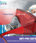 Heavy Duty Dental Laser Safety Glasses With Crisp Orange Lenses And Reliable Anti Fog Coating Tough Polycarbonate Shield 168 Piece Bulk Pack shown with anti-fog coating comparison.