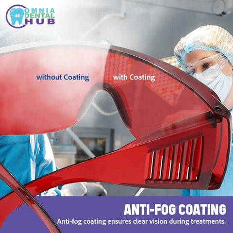 Heavy Duty Dental Laser Safety Glasses With Crisp Orange Lenses And Reliable Anti Fog Coating Tough Polycarbonate Shield 168 Piece Bulk Pack shown with anti-fog coating comparison.