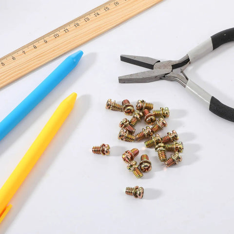 Rock Solid Copper Finished Ceiling Fan Blade Screws 20 Piece Set Of Heavy Duty Carbon Steel Phillips Bolts on table with tools.