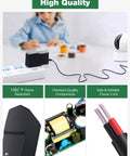 Universal 5V 1A DC Power Supply Adapter shown in use with electronic devices, highlighting features like premium components and safety.