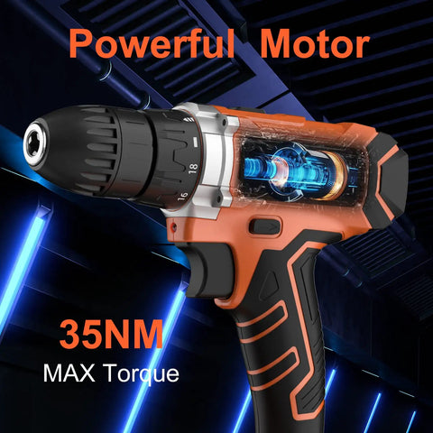 21V Cordless Drill Kit With 2Ah Battery, 310 In-Lb Torque, 18 Clutch Settings, Two Speed Modes Up To 1500 RPM, showing motor