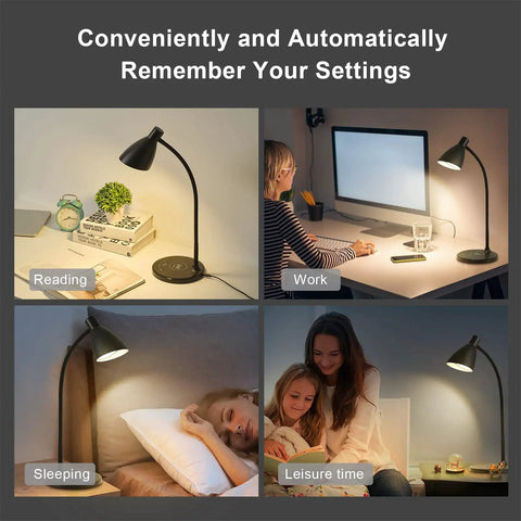 Various scenes of Gooseneck Desk Lamp With Wireless Charger And USB Port, ideal for reading, working, sleeping, and leisure time.
