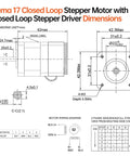 NEMA 17 closed-loop stepper motor with integrated driver; metal housing, front and side dimensional diagram.