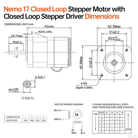 NEMA 17 closed-loop stepper motor with integrated driver; metal housing, front and side dimensional diagram.