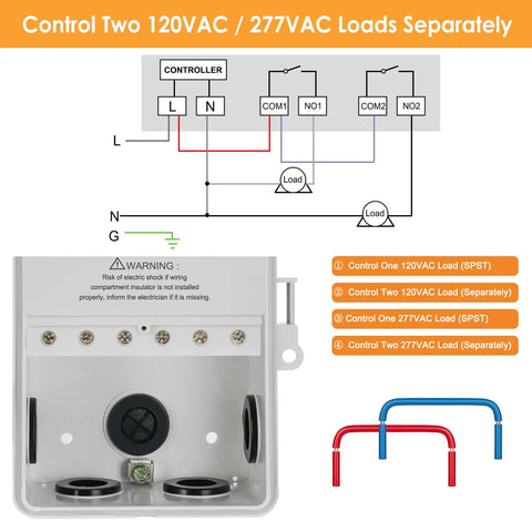 Beast Dual WiFi Pool Timer With Independent 120/277V Switches, diagram showing wiring connections and load control options.