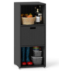 Outdoor PE Rattan Storage Cabinet With Shelves And Drawer All Weather Wicker Storage Shed Organizer, black, filled with items