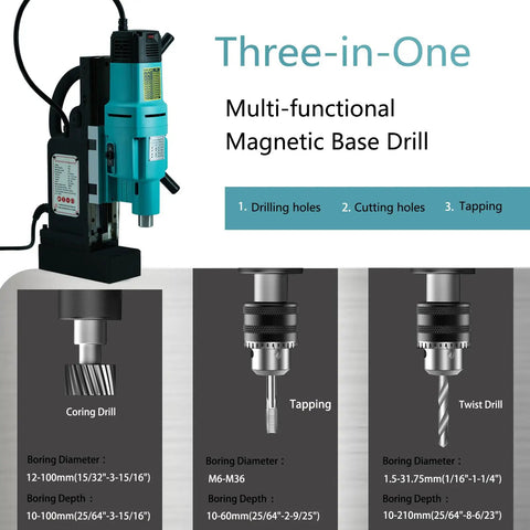 Zinnore 2000W Magnetic Drill Press With 4047 Lbf Mag Force, Variable Speed Portable Electric Machine for metal drilling and tapping functions.