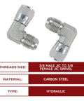 Field Tested 5 Pack 90 Degree Hydraulic Hose Fitting Elbow For 3/8 Inch JIC Male Female Connectors With Protection Caps Made From Stainless Steel Anti Rust Build Guarantees Leak Free For Cars Trucks Heavy Equipment Hydraulics Built Tough 3/8 male JIC to female swivel elbow, carbon steel