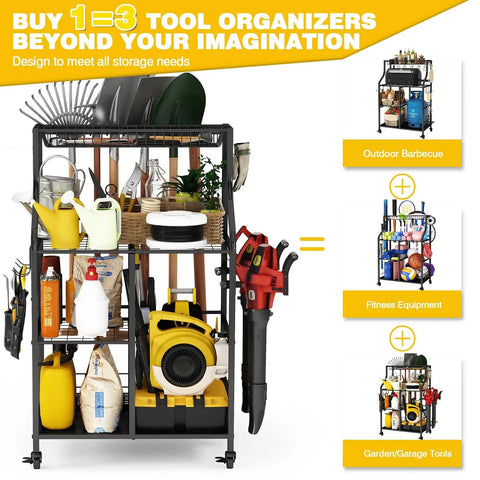 Beefy Garage Organizer With Wheels Large Capacity Garden Tool Storage Rack Heavy Duty Steel Outdoor Shed Organizer Five Tier
