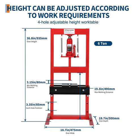 6 Ton Hydraulic Shop Press With Stamping Plates Four Hole Adjustable Height H Frame Dust Cover For Auto Repair And Metalworking