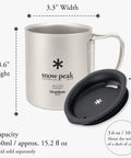 Ultralight Titanium Double Wall Insulated Camping Mug 450ml with Snow Peak logo, handle, and dimensions displayed