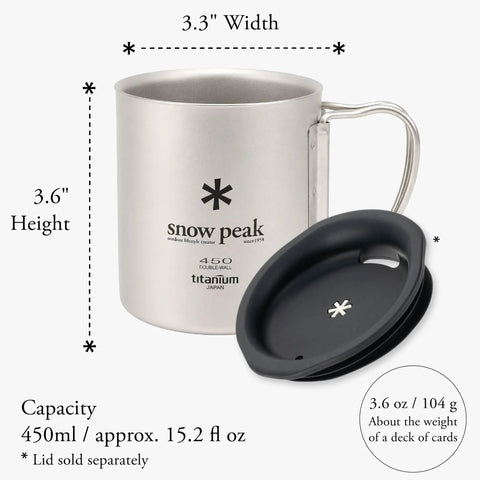 Ultralight Titanium Double Wall Insulated Camping Mug 450ml with Snow Peak logo, handle, and dimensions displayed