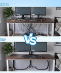 Before and after of desk setup with Three Piece Braided Cable Sleeving Kit Black Flame Retardant Nylon Wire Looms organizer.
