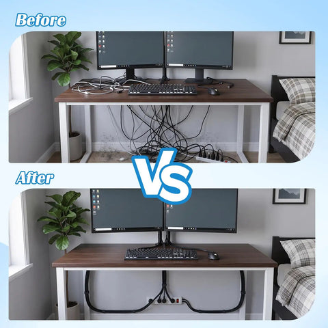 Before and after of desk setup with Three Piece Braided Cable Sleeving Kit Black Flame Retardant Nylon Wire Looms organizer.