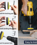 Ultra Handy 120Pc 3 Inch Sanding Discs Kit being installed on a drill, showing backing pad attachment and use for smooth finishes.