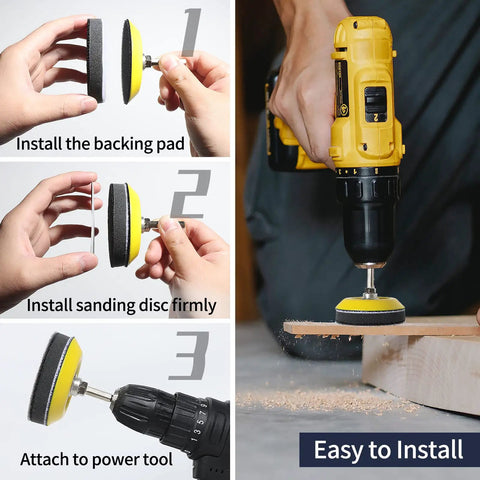 Ultra Handy 120Pc 3 Inch Sanding Discs Kit being installed on a drill, showing backing pad attachment and use for smooth finishes.