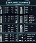 Close-up of 98 precision bits from the 122 In 1 Precision Screwdriver Kit With 101 Magnetic Bits And 21 Tools For Laptop PC Tablet iPhone And PS4 Repairs.