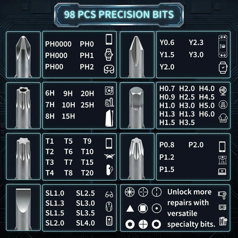 Close-up of 98 precision bits from the 122 In 1 Precision Screwdriver Kit With 101 Magnetic Bits And 21 Tools For Laptop PC Tablet iPhone And PS4 Repairs.