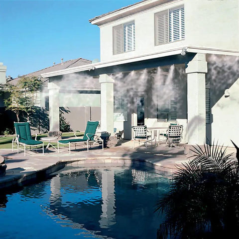 Portable Outdoor Mist Cooling System With One Quarter Inch Line, Ten Feet Of Mist Coverage, Installs In Under Ten Minutes on patio