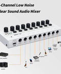 8 Channel Stereo Line Mixer For Sub Mixing With Ultra Low Noise Operation, Independent Channel Volume Controls, White Finish