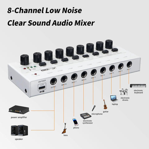 8 Channel Stereo Line Mixer For Sub Mixing With Ultra Low Noise Operation, Independent Channel Volume Controls, White Finish