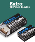 Boxes of extra 20-piece single edge razor blades, included in Heavy Duty Razor Scraper Set With All Metal Construction, 2 Pack Includes 20 Extra Blades, Built Tough As Nails For Glass, Tile, Vinyl, Paint And Sticker Removal, Pro Grade Scraping Tool.