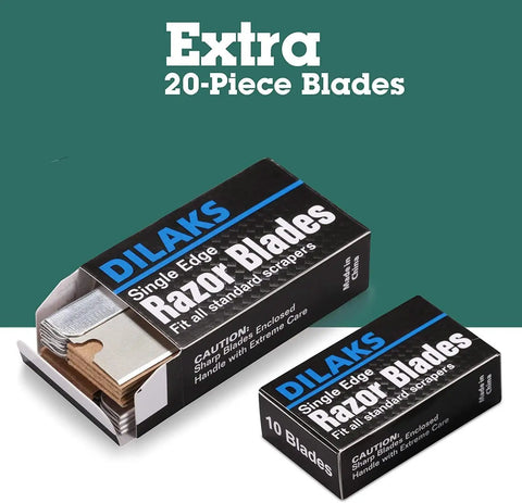 Boxes of extra 20-piece single edge razor blades, included in Heavy Duty Razor Scraper Set With All Metal Construction, 2 Pack Includes 20 Extra Blades, Built Tough As Nails For Glass, Tile, Vinyl, Paint And Sticker Removal, Pro Grade Scraping Tool.