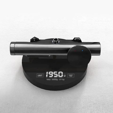 Exposed Shower System with Waterfall Tub Spout G1/2 Connection Gun Gray displayed on a digital scale showing 1950g.
