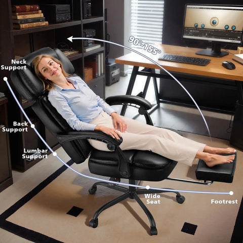 Heavy Duty 400 Lb Capacity Executive Office Chair With Foot Rest, ergonomic PU leather, high back, adjustable headrest view