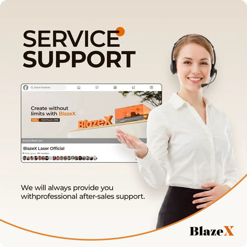Customer support service for BlazeX Laser Official Group showcasing 5W Desktop Laser Engraver For Beginners With Ultra Precision 0.01mm Dope Cutter