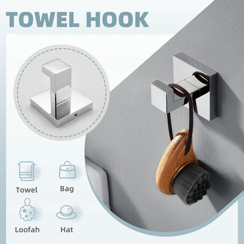 Close-up of robe hook from 4 Piece Bathroom Hardware Set With Robe Hook Toilet Paper Holder Towel Holder And Towel Bar In SUS304 Stainless Steel Polished Chrome For Modern Renovations And A Sleek Easy Home Upgrade.