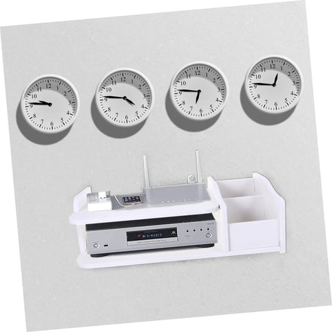 Heavy Duty Wall Mount Router Holder And Cable Management Rack With No Drill Quick Install And Thick Plate Storage Shelf For Your Home Office Setup Plus Sweet Ventilation And Solid Grip with modem and clocks on wall.