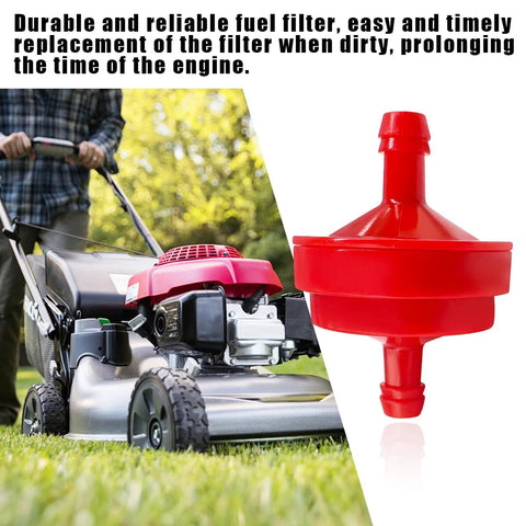 4 Pack Inline Gas Fuel Filter for Lawn Mowers, 1/4 Inch, 150 Micron, shown next to a lawn mower, durable plastic steel construction