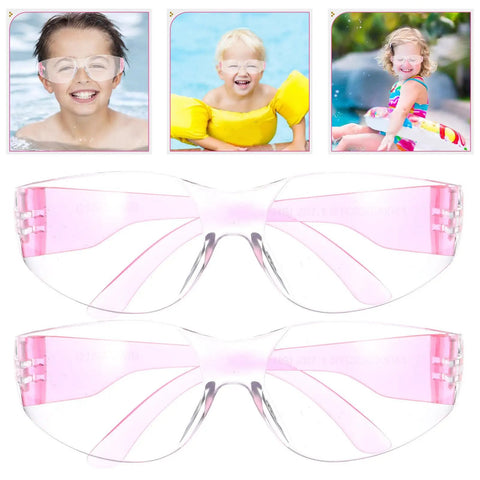 Heavy Hitting Splash Guard Safety Glasses Six Pack, clear pink frames designed for kids, ideal for water activities.