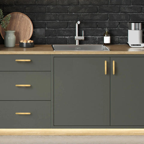 Brushed Gold Cabinet Handles Set of 2 With 5 Inch Hole Centers Solid Zinc Alloy Drawer Pulls in kitchen setting.