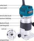 Rock Solid Electric Wood Router And Smooth Operator Trimmer featuring adjustable knobs and transparent base for precise carving jobs.