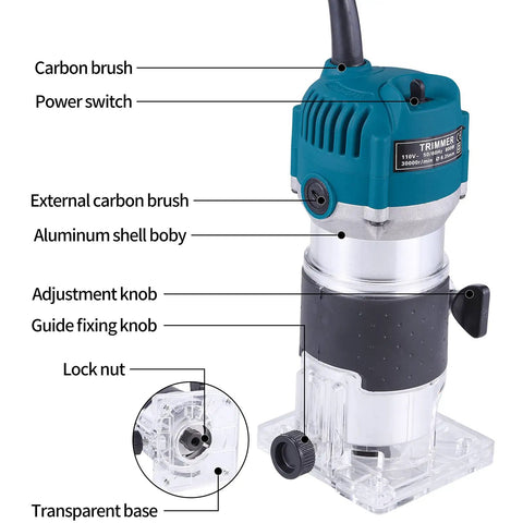 Rock Solid Electric Wood Router And Smooth Operator Trimmer featuring adjustable knobs and transparent base for precise carving jobs.