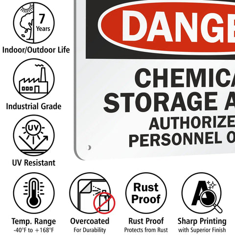 Heavy Duty Aluminum Hazard Warning Plate 7 X 10 Inches Built Like A Tank For Chemical Storage Areas And Authorized Personnel Only Rust Free Fade Resistant Print with UV resistant icons.