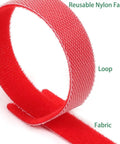 Close-up of red 8 inch nylon fabric fastening strap, part of the 102 Piece Reusable Hook And Loop Cable Ties Set for organization.