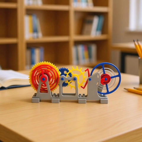 Colorful gears of a 3D Printed Tourbillon Escapement Clock Model with Manual Assembly And Wind Up Movement on desk