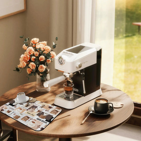 Absorbent Coffee Mat Bar For Countertop And Bar Areas Silicone Non Slip Kitchen Counter Mat Waterproof 19 Inch By 12 Inch Coffee Spill Mat Protects Surfaces From Drips Keeps Counters Dry And Clean on tabletop with espresso machine and flowers