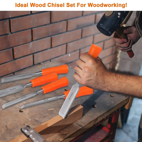 Heavy Duty 5 Piece Wood Chisel Set For Woodworking With Steel Hammer End And Ergonomic Plastic Handles Includes 6mm 12mm 18mm 24mm 32mm
