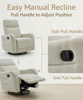 360 Degree Swivel Glider Rocker Recliner Chair with side pull handle, manual recline in beige, demonstrating adjustable positions.
