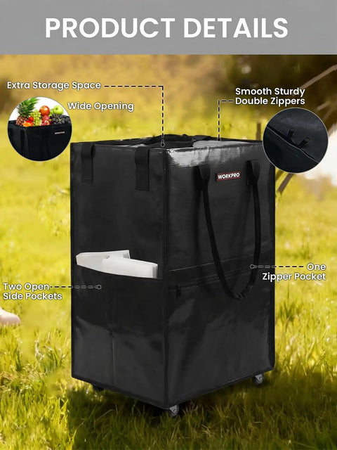 Heavy Duty Rolling Grocery Tote On Wheels With Handy Handle For Groceries Laundry Camping And Moving, showing storage pockets and zippers