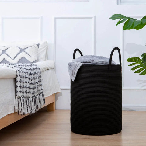 Tall Black Woven Rope Laundry Basket, Modern Hamper For Clothes, Blankets, Toys, Towels And More, 15 X 20 Inch (58L) Bin in bedroom