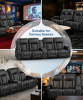 Four Seat Recliner Sofa With Center Console And USB Ports For Easy Charging, various scenes collage