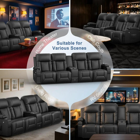 Four Seat Recliner Sofa With Center Console And USB Ports For Easy Charging, various scenes collage
