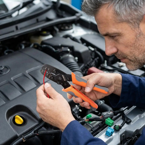 Technician using Open Barrel Terminal Crimp Tool Five Cavities For 24 To 14 AWG Non Insulated on automotive wiring
