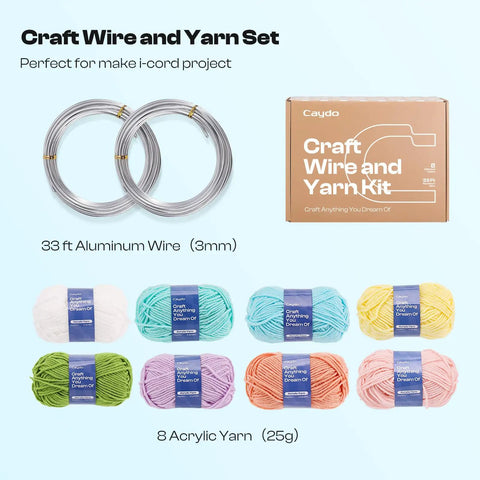 Aluminum Craft Wire and Acrylic Yarn Kit for I Cord Knitting Beginners Includes Eight 25 Gram Yarn Skeins and Two Rolls of Five Meters